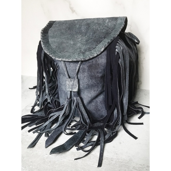 Cleobella Handbags - Cleobella Hendrix Fringe Backpack - Denim Blue